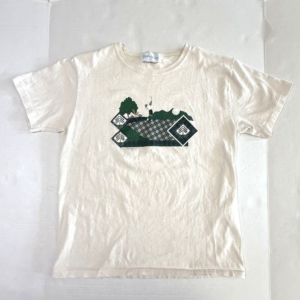 VTG 90s P.S. Original Plaid Graphic Golf T-Shirt, M, Green & Navy Cottage Quilt